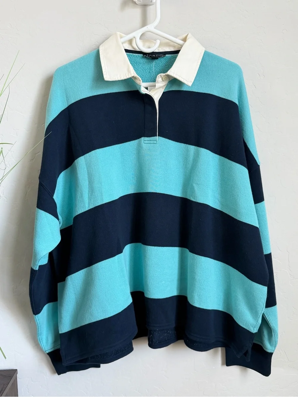 J.Crew Oversized Rugby Shirt XXL Aqua Navy Stripe Cotton Polo Top